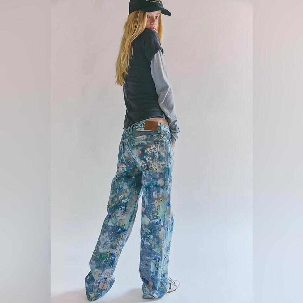 $198 FREE PEOPLE  Tennessee Low-Rise Illusions Jeans in Floral Canvas Sz 25 #877 - Picture 9 of 12